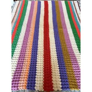Vtg Handmade Crochet Granny Blanket Afghan Throw 48x55 Retro Multi Stripe EUC